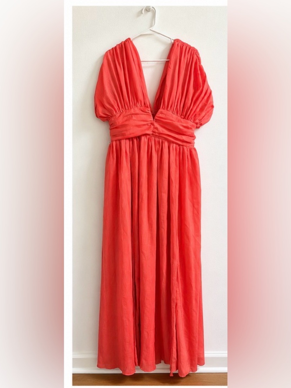 Coral Puff-Sleeve Empire Waist Dress